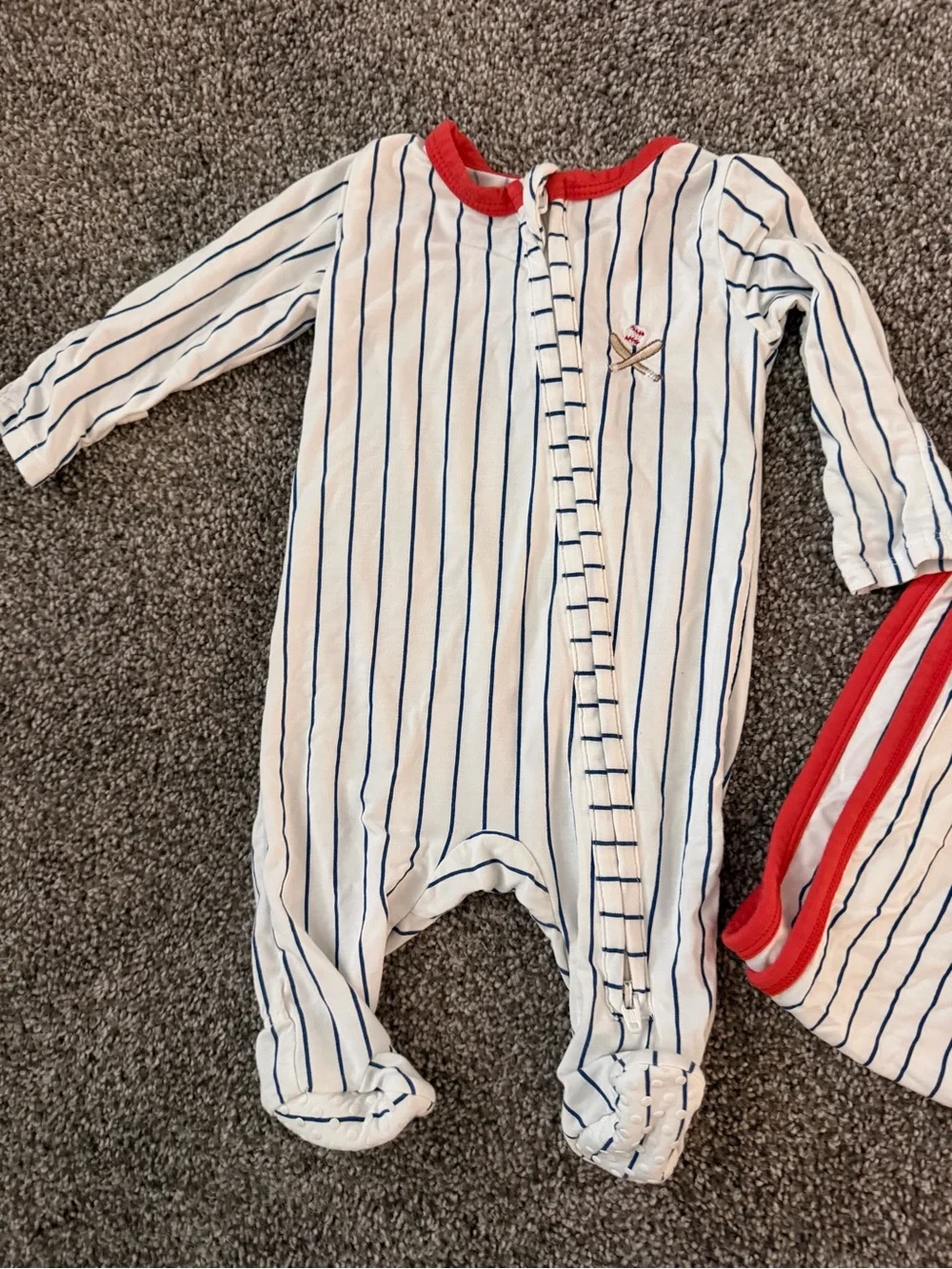 Angel Dear Striped White and Navy Baby Baseball Pajamas with Matching Blanket